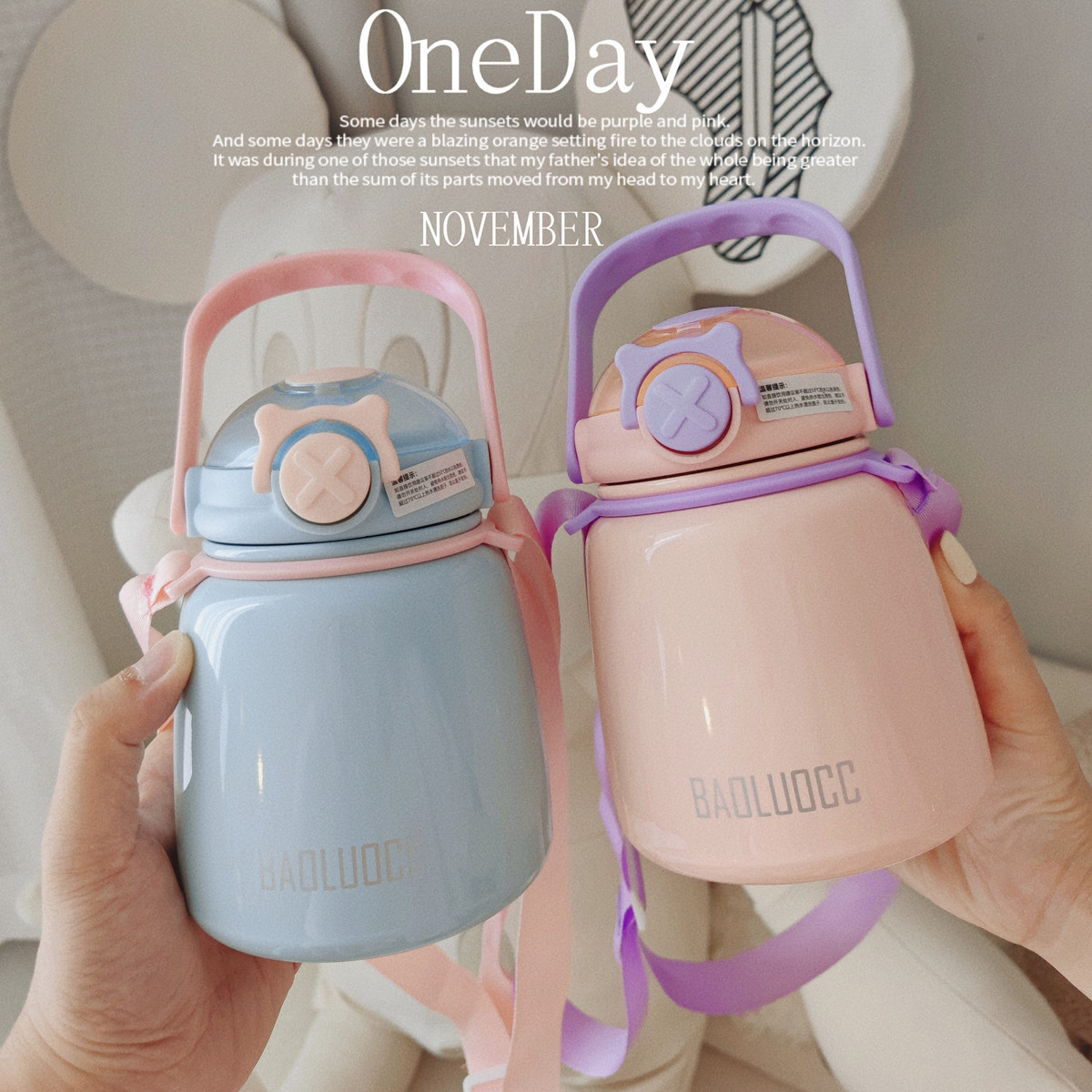 New large-bellied insulated cup, cute girl student couple water bottle, portable hand-held, fashionable and simple stainless steel cup Specification drawing
