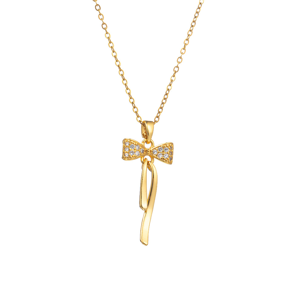 Korean version simple 18k gold-plated tassel bow necklace, a rare and light luxury titanium steel collarbone chain, a popular accessory for women Item Picture