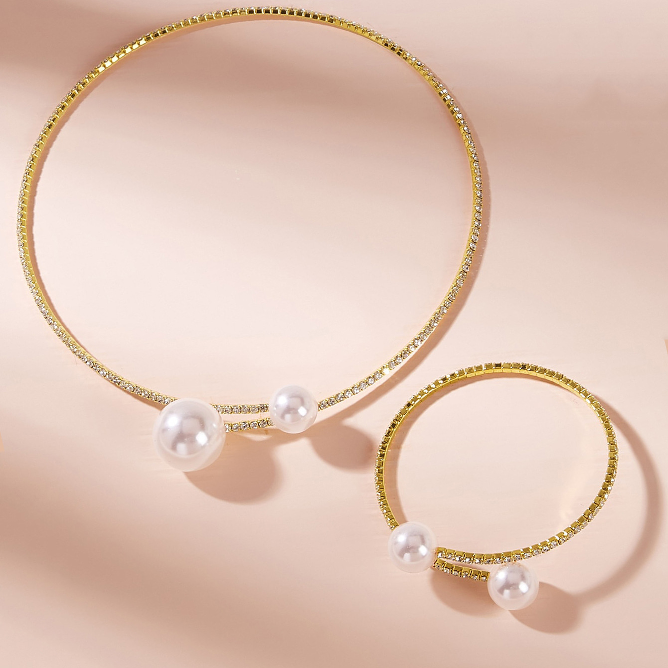 European and American fashionable, shiny rhinestone and pearl necklace, adjustable opening bracelet, bridal set accessory N4868 Specification drawing
