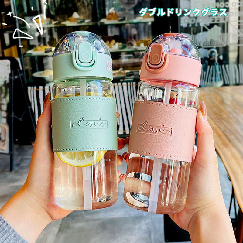 Simple glass cup with straw and quilt cover, student portable cup, heat-resistant, high appearance level, couple's pop-up lid straw cup Specification drawing