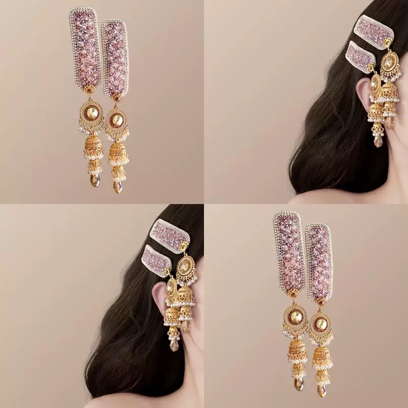 Cherry blossom pink ethnic style super sparkling water diamond wind chime tassel hair clip, exquisite retro side fringe seaside hair clip decoration hairpin full figure