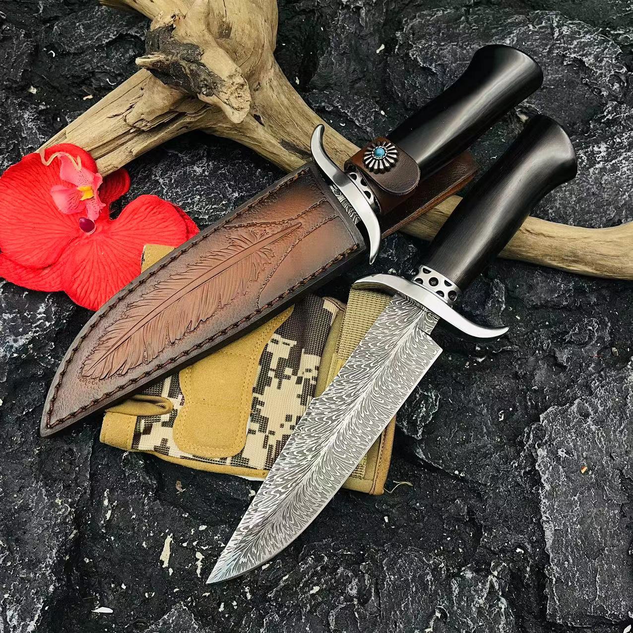 Boyi Hunter Straight Outdoor multi-functional straight knife with double hand guards for self-defense, sharp fruit knife, high-end collectible, gift and decorative item details Picture