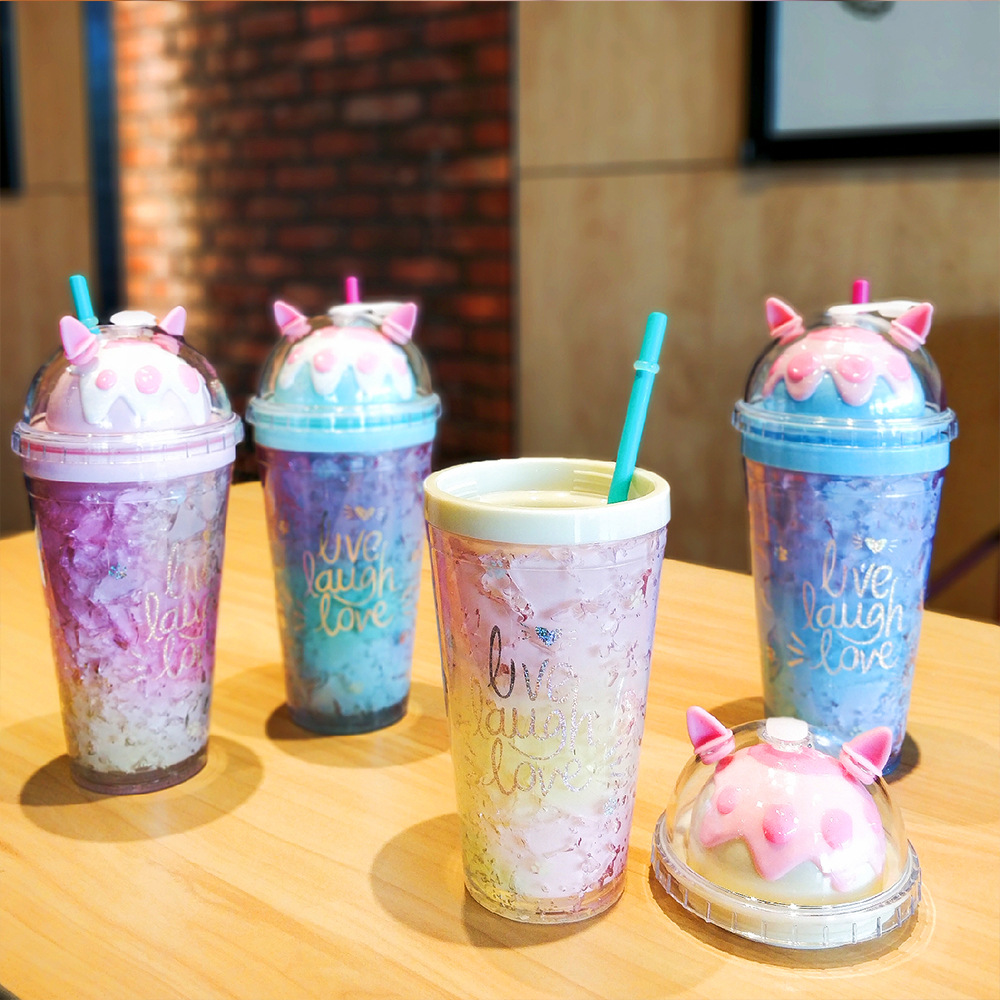 Double-layer refrigerated straw cup, fashionable gradient color cute ice cup, student couple, summer office and home beverage water cup Specification drawing