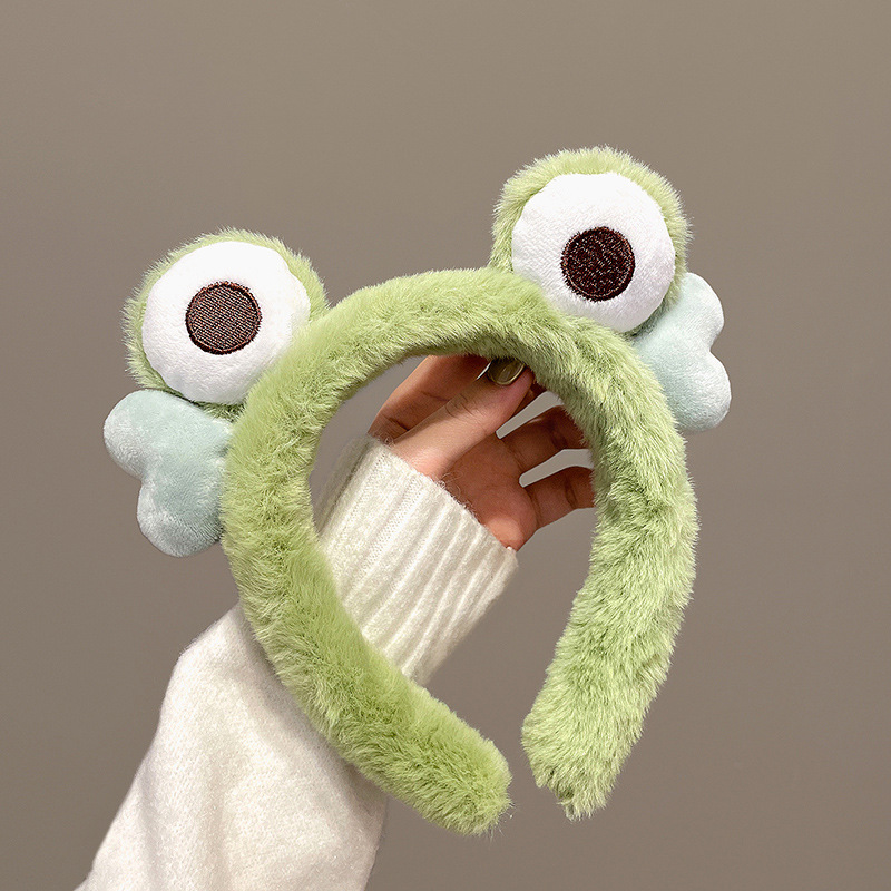 Big-eyed frog hairband, cartoon cute plush girl, face washing and hair pressing headband, fluffy hairpin headwear, hair tie for girls full figure