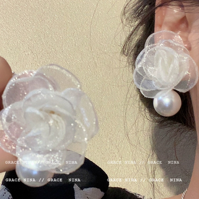 French camellia pearl stud earrings for women, exuding a sense of light luxury and high-end elegance. Forest-themed earrings, a new bestseller in 2025 full figure
