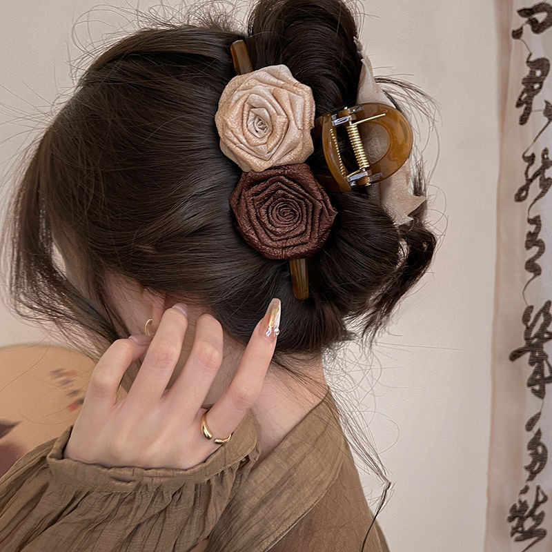 Maillard dried rose flower grab clip, retro back head updo large hair clip, high-end shark clip hair accessory full figure