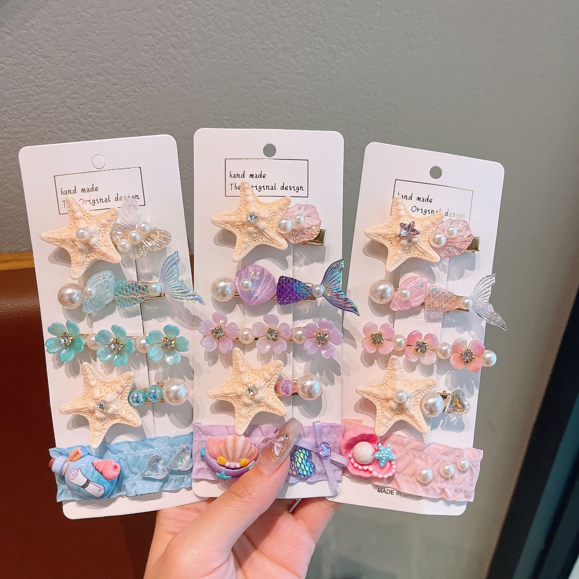 Super fairy-like summer sweet flower pearl starfish hair clip, seaside photo atmosphere, hair accessory, broken bangs side clip full figure