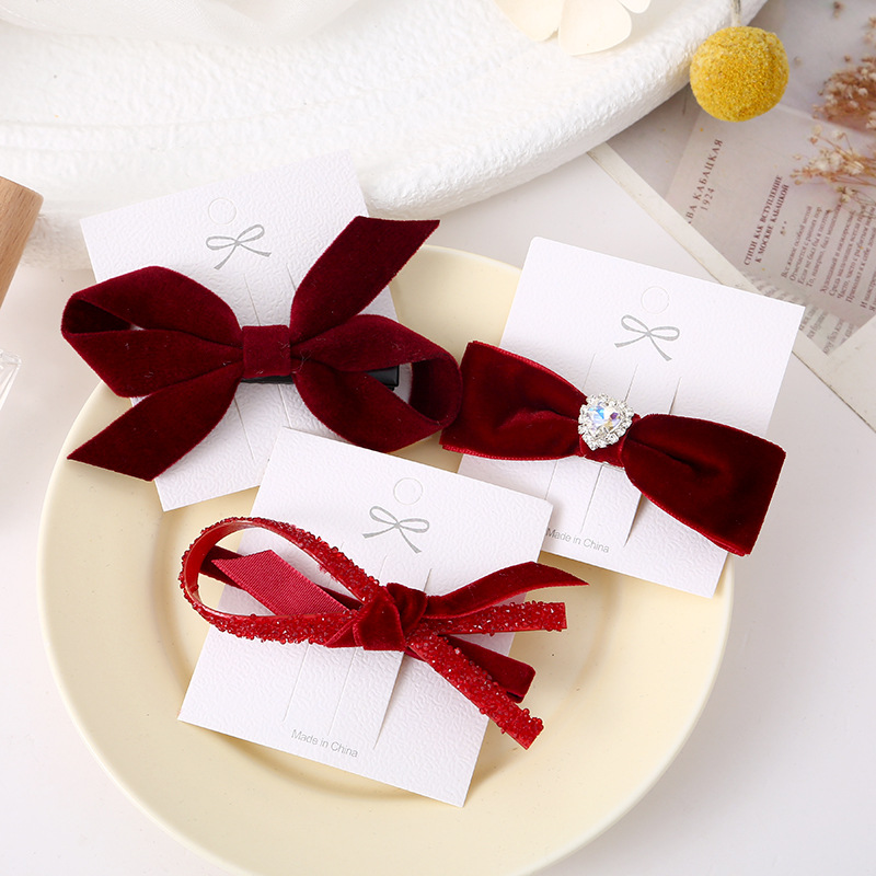 2024 Red New Year hair accessories, simple bow, silk, cute bangs, women's forehead side clips full figure