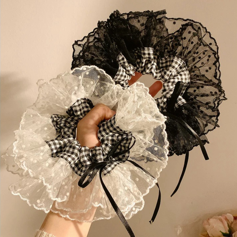 Lace polka dot lace, large intestine hair tie, high-end feminine look, checked low ponytail, bun, hair tie, hair flower, hair accessory full figure