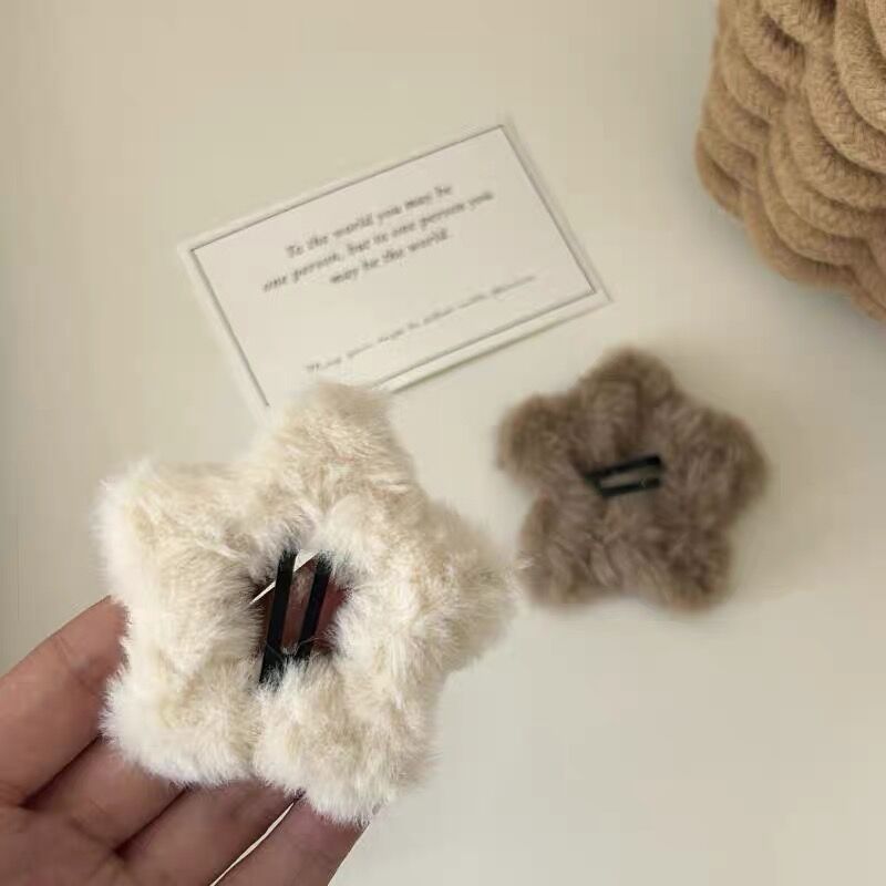 Autumn and winter plush five-pointed star hair clips, simple rice-coffee star BB clips, hollowed-out girl side clips, cute hair accessories and hair clips Application Scenario
