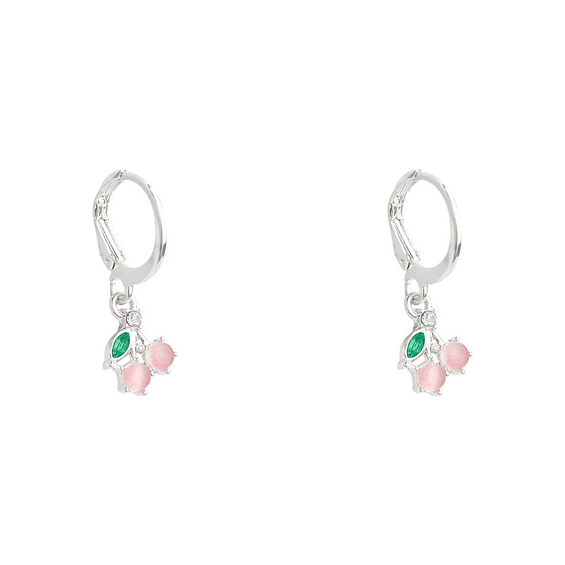 Sweet and cool style cherry ear buckles for girls, versatile and elegant pink cat's eye stone earrings, fresh and simple earrings wholesale Item Picture