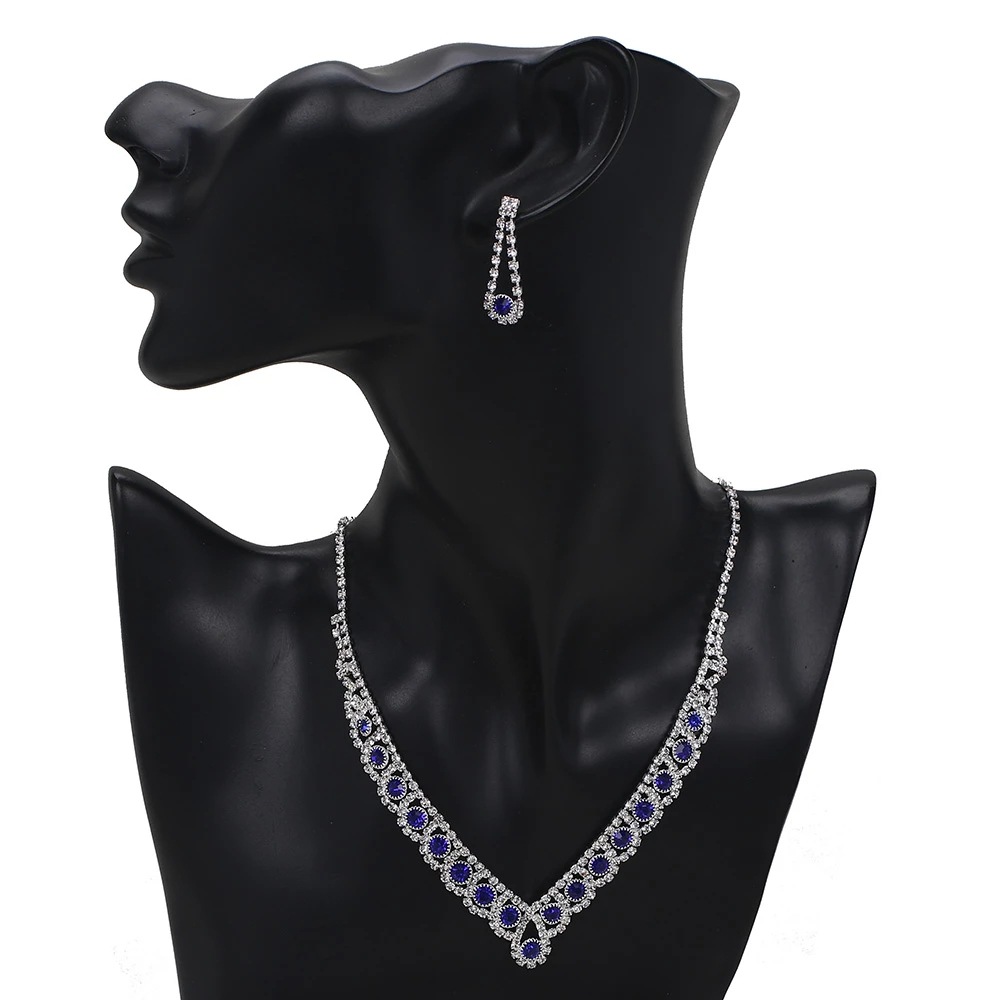 Cross-border jewelry wholesale: Blue zircon wedding three-piece set, necklace, earrings, bracelet, bride jewelry ZN010 details Picture