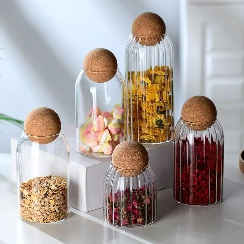 Round wood ball high-temperature resistant glass storage jar, tea sealed jar, high borosilicate transparent household moisture-proof grain storage bottle full figure
