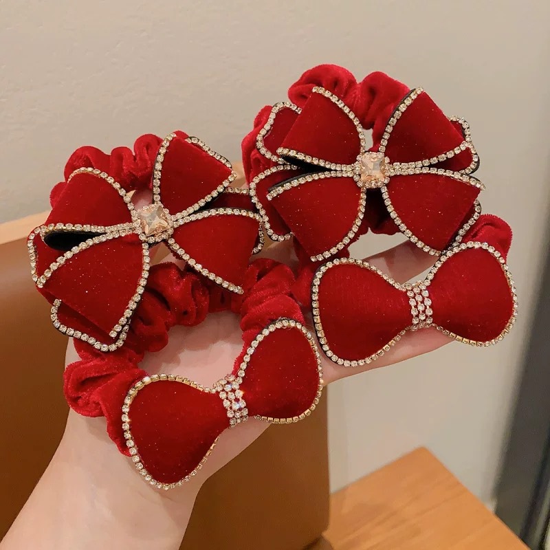 Children's bow hair tie, red velvet rhinestone hair band, girls' New Year hair tie, hair accessories, girls' New Year headwear Specification drawing