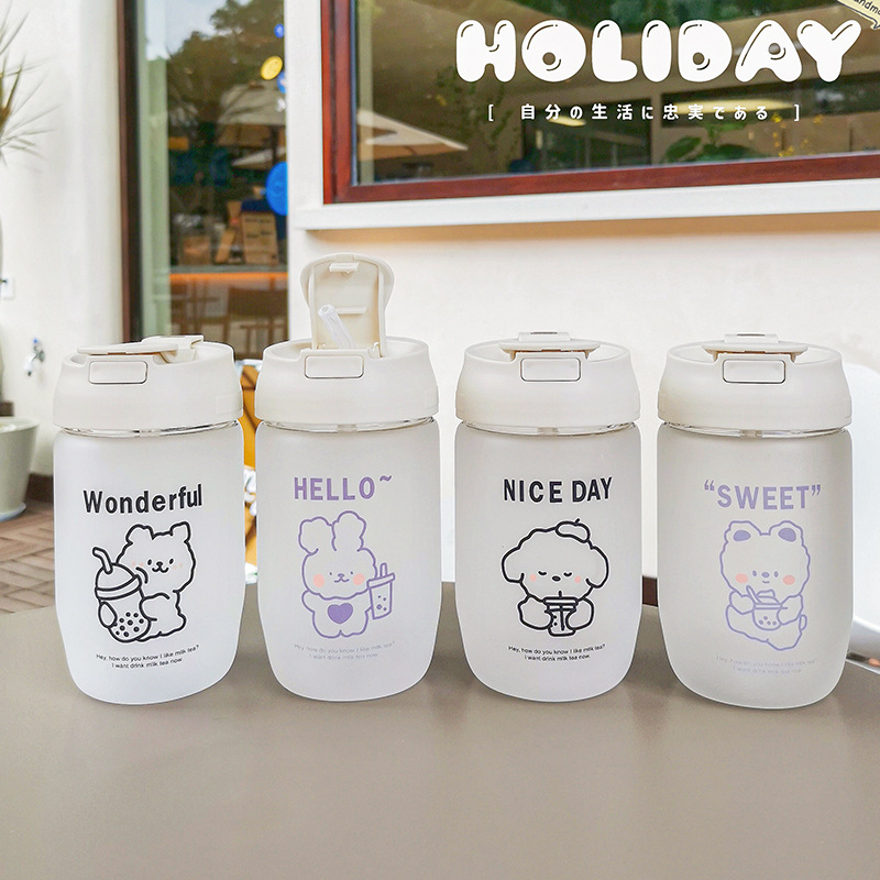 Frosted double-drinking coffee cup, cartoon and cute home and office glass cup, student portable leak-proof double-drinking straw cup Application Scenario