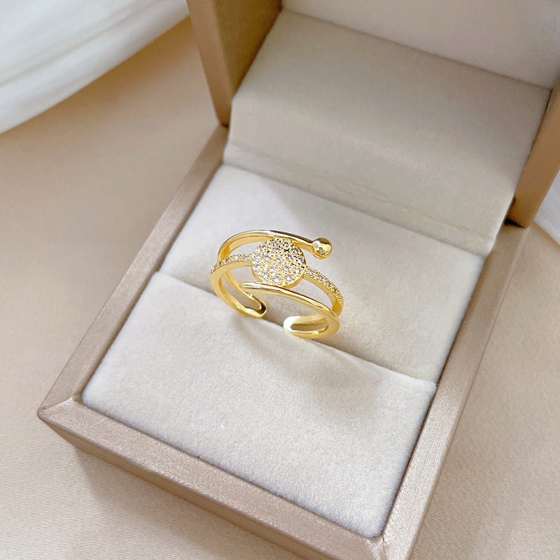 【 Real Gold 】 Round three-layer full diamond ring with adjustable opening, simple Japanese-style ring couple rings Specification drawing