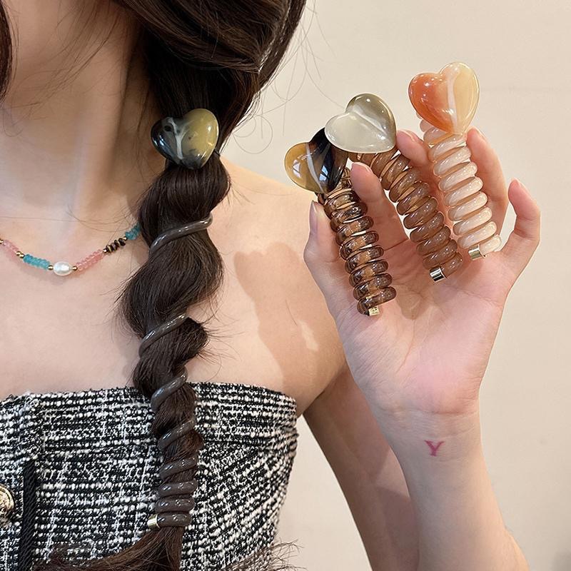 Heart-shaped Korean-style straight telephone line hair tie, ponytail hair, hair band bubble braiding, simple, elegant and durable hair cord details Picture