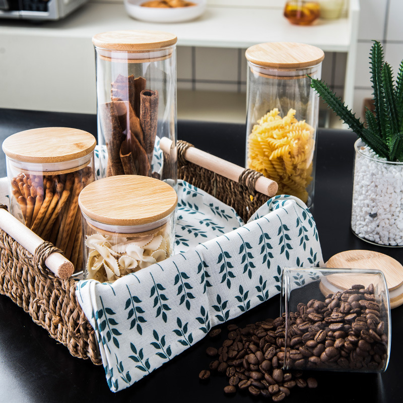 Bamboo and wood lid heat-resistant glass storage jar, sealed jar, storage bottle, seasoning jar, tea jar, dried fruit jar, storage bottle details Picture