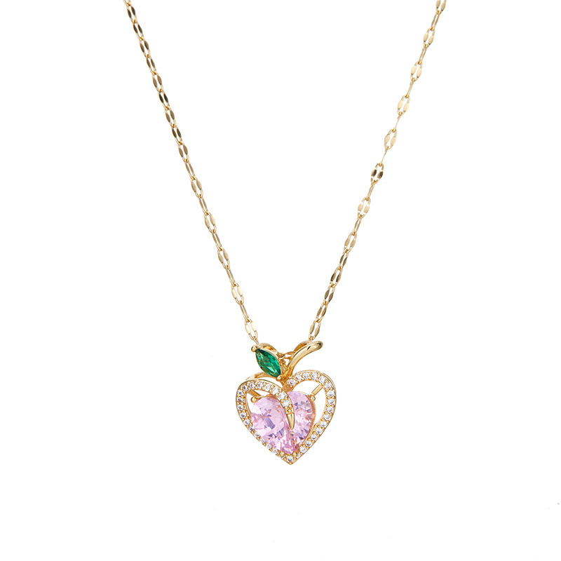 Cross-border titanium steel necklace, women's copper slightly inlaid pink heart-shaped zircon, light luxury, fashionable and niche design sense pendant collarbone chain Item Picture