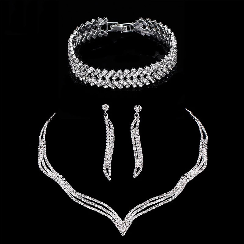 Jianla Factory direct sales of European and American three-piece water diamond claw chain jewelry sets. E-commerce supply for bride accessories ZN004 full figure
