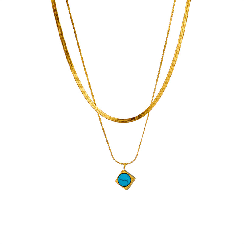 A double-layer chain titanium steel turquoise square pendant necklace with a fashionable and retro style from Europe and America Item Picture