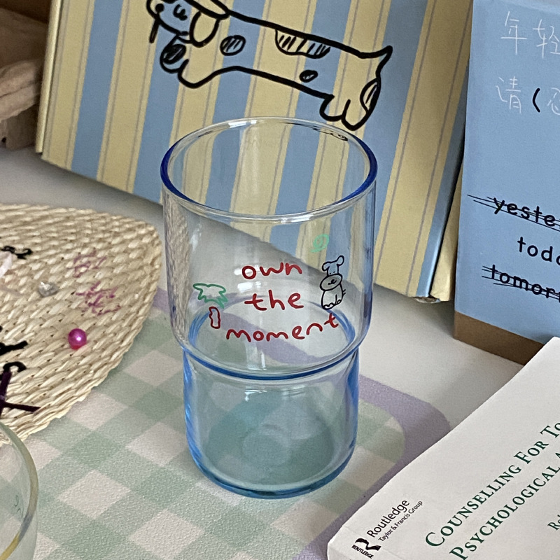 ins Blue texture Coconut Tree Puppy Glass Cup, a unique and high-end touch of blue water cup, heat-resistant coffee cup details Picture