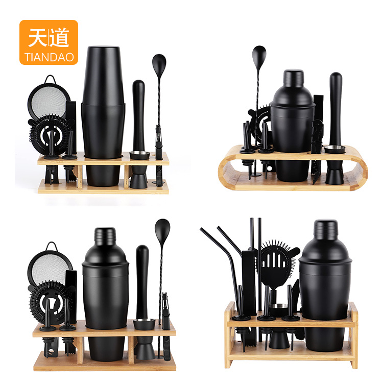 Bamboo frame base stainless steel cocktail shaker, complete bar cocktail shaker set, cocktail decanter and shaker tools Specification drawing