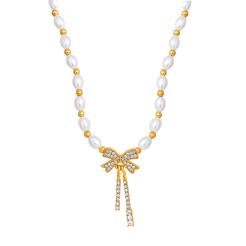 Korean-style sparkling diamond bow pearl necklace, sweet, unique and versatile for women, beaded collarbone chain, design sense and personality accessory Item Picture