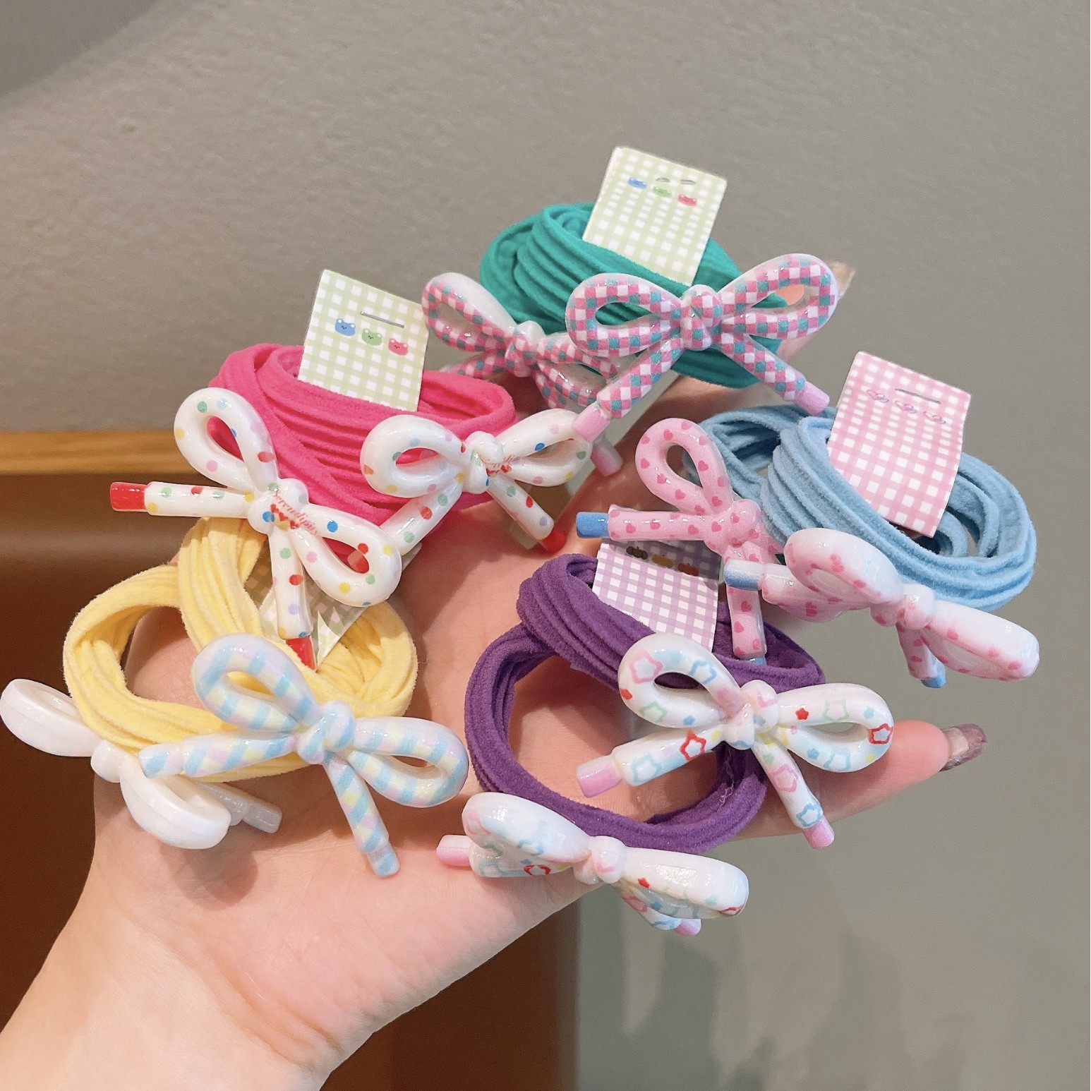 Korean-style children's cream candy-colored basic printed resin bow hair band, solid color hair tie for girls and parents full figure