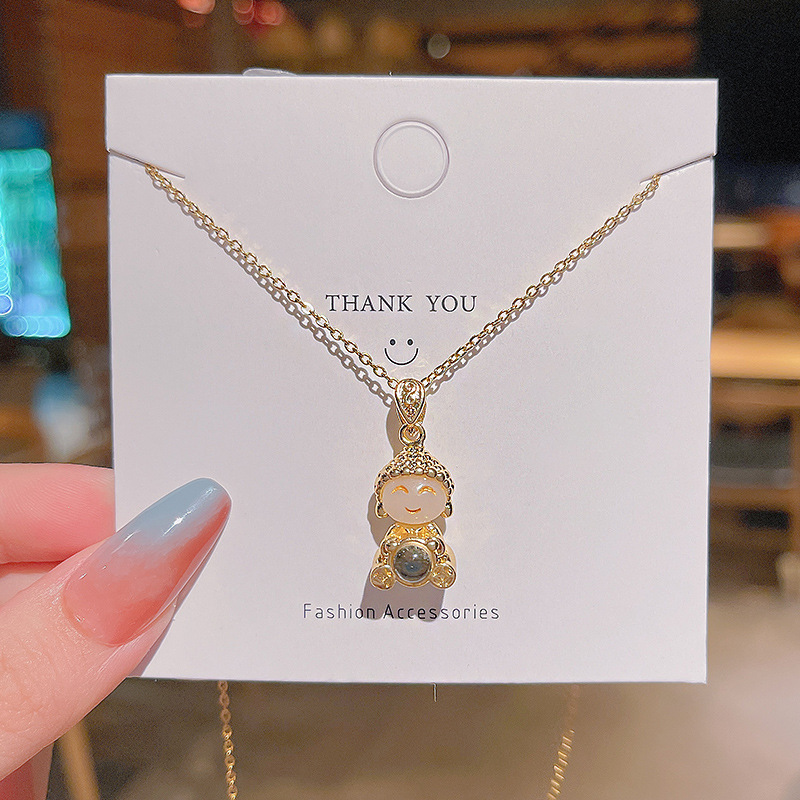 Internet-famous fashionable Chinese-style cute Buddha pendant, titanium steel necklace, women's Instagram trendy light luxury, versatile collarbone chain projection accessory Application Scenario