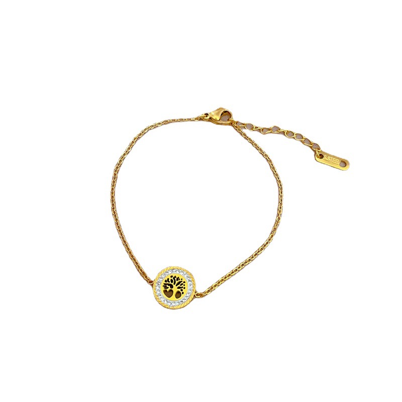 【 All-titanium Steel 】 Dongdaemun Personalized round plate Life Tree Full Diamond chain bracelet Female Internet celebrity retro best friend Item Picture