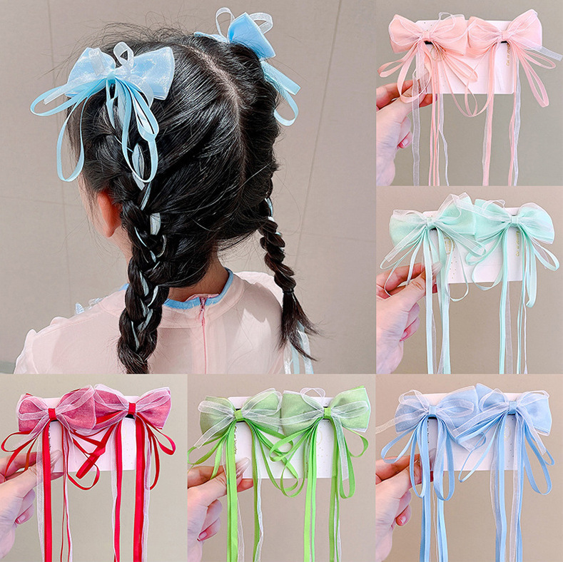 Children's super fairy-like bow ribbon hair clips, baby Chinese-style braided hair headwear, girl ancient-style Hanfu hair clips and hair accessories details Picture