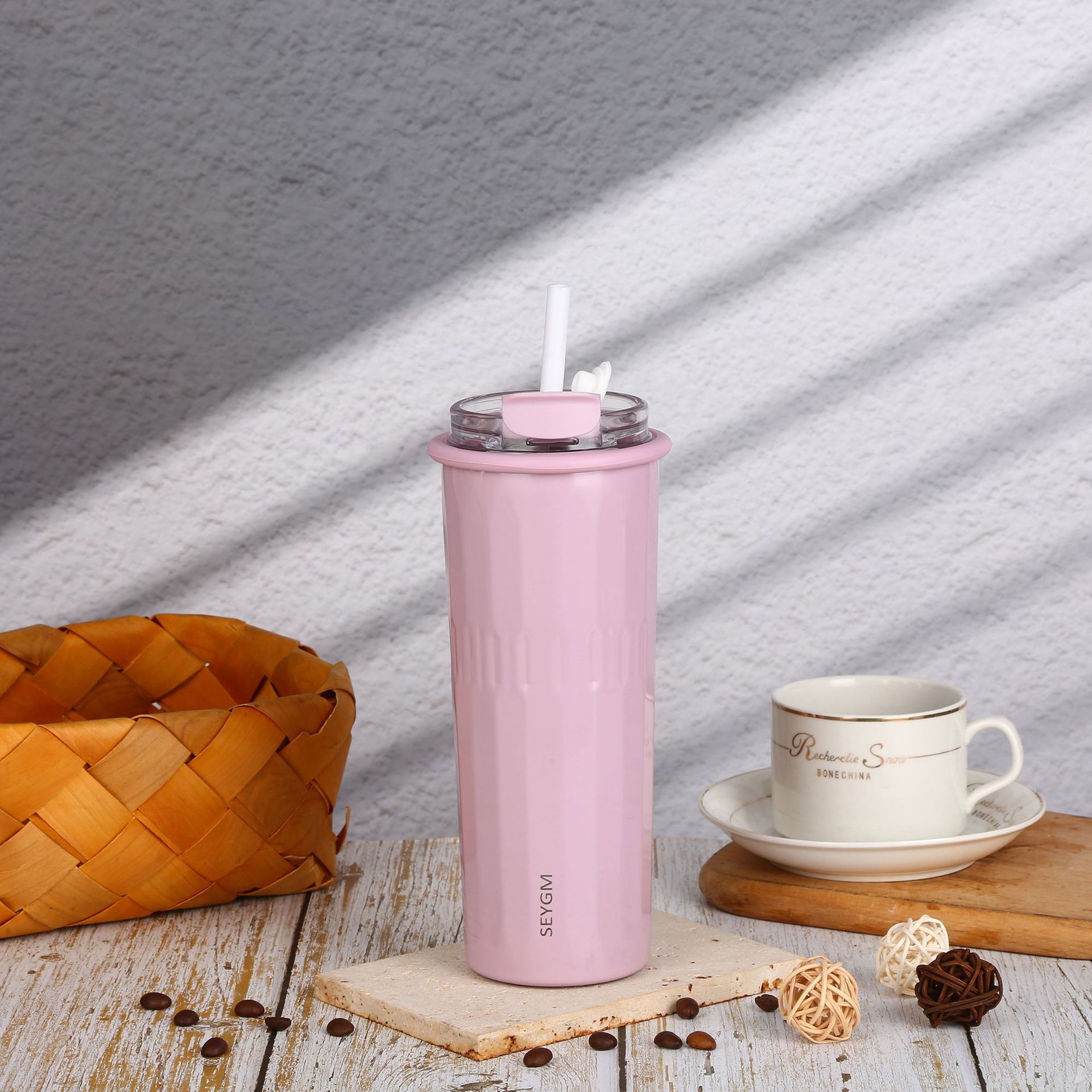 New double-drink coffee cup, large-capacity 304 stainless steel convenient straw insulated cup, high appearance level business gift cup Application Scenario