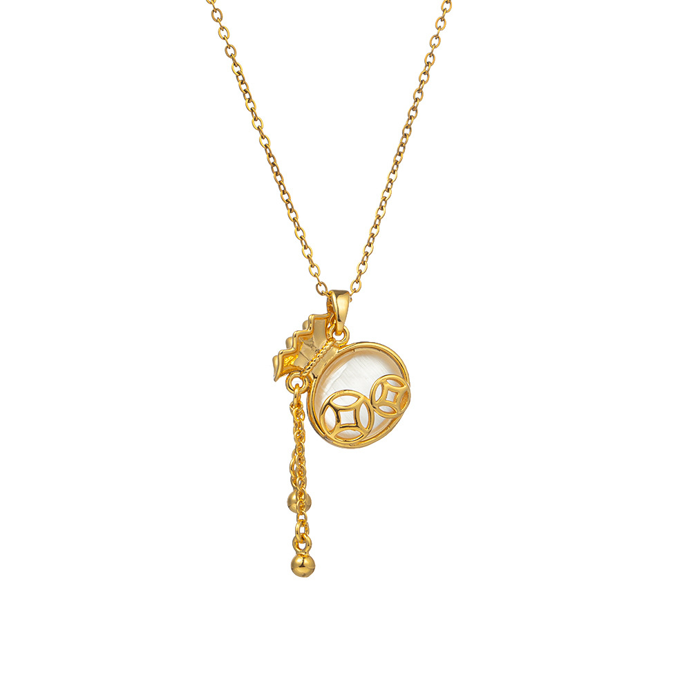 High-end cat's eye stone tassel money bag necklace, a unique design sense for women, titanium steel collarbone chain, a popular light luxury and versatile necklace Item Picture