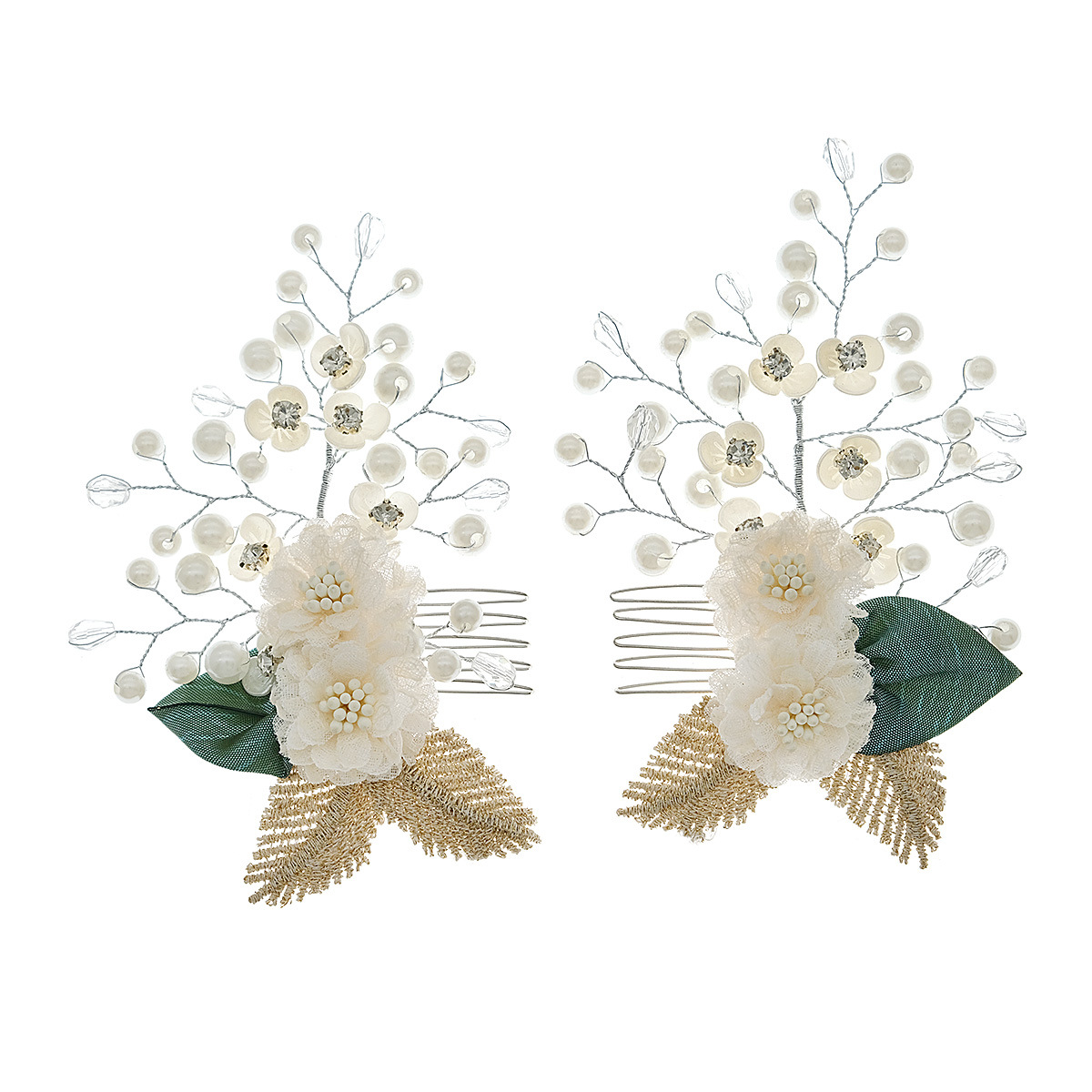 European and American bride accessories: Beautiful fabric flower arrangement combs, forest-themed wedding hair accessories, handcrafted crystal pearl hair combs Item Picture