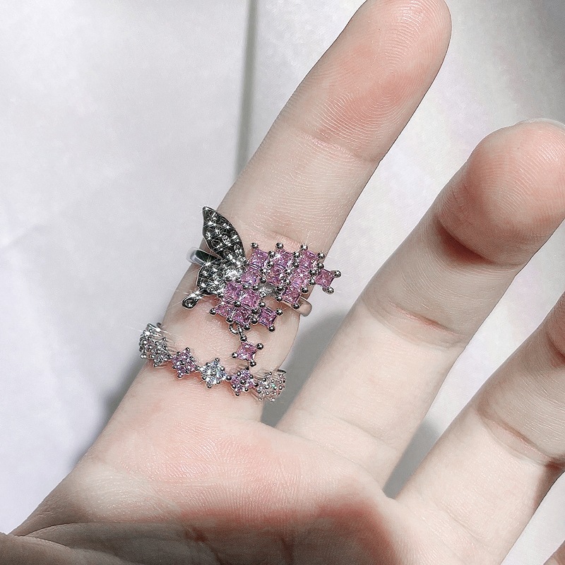 Sweet and cool, light luxury, pleated butterfly pink diamond open ring, women's fashion, niche design sense, trendy and individual, internet-famous ring Specification drawing