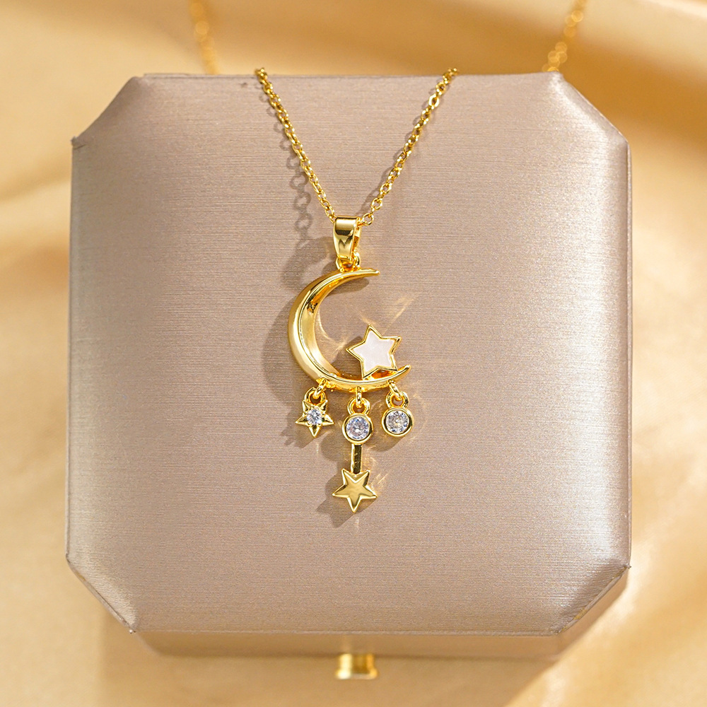 Fashionable and niche design, tassel star moon pendant titanium steel necklace, women's light luxury, versatile collarbone chain accessory full figure