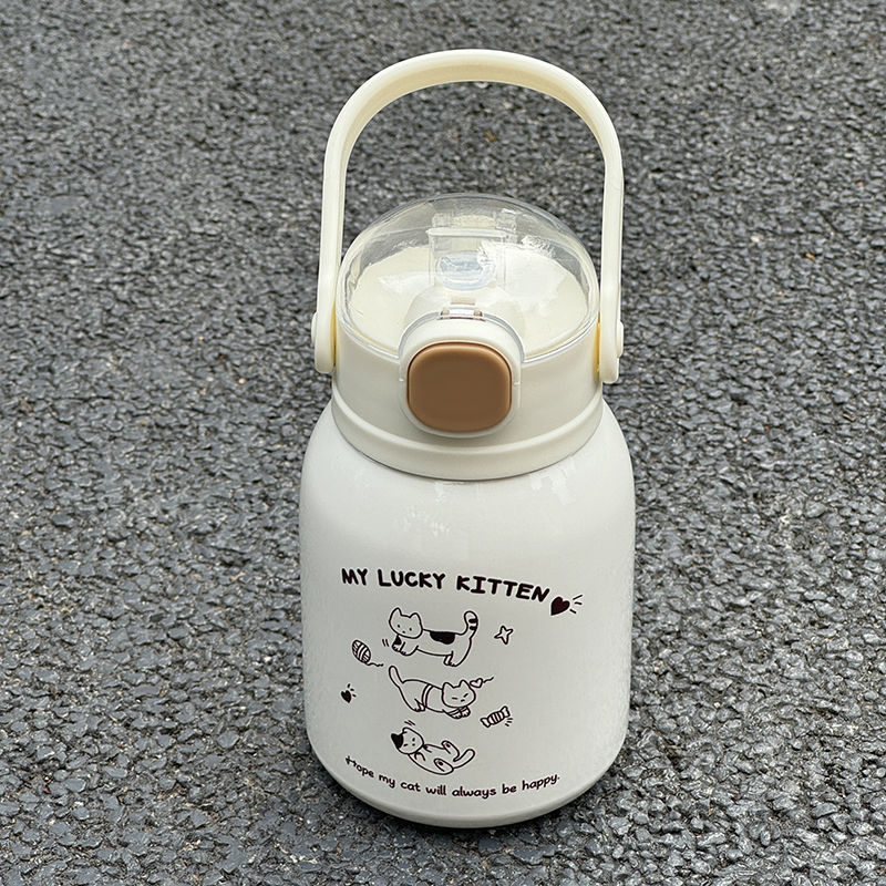 New thermos cup, universal, large-capacity, cute student stainless steel, simple water bottle, tea cup, water bottle, simple style, little cat full figure