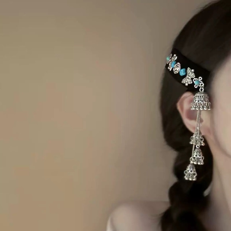 Butterfly turquoise bell tassel hair accessory, women's ethnic style long hair clip, hair accessory bangs clip, Mongolian grassland details Picture
