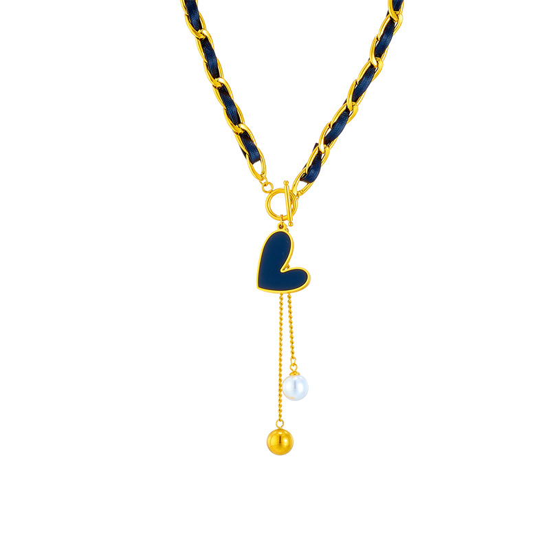 European and American cross-border titanium steel black and gold two-color chain heart-shaped round ball tassel pendant jewelry, cold style necklace Item Picture