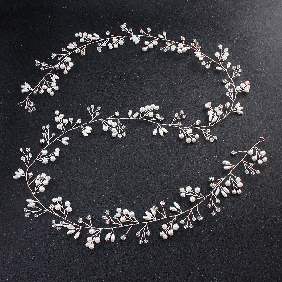 European and American bride headwear, long handcrafted headband, simple and elegant, crystal pearl bride headband, cross-border wedding accessories Specification drawing
