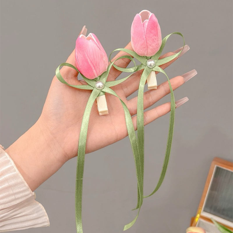 Super fairy tulip flower hair clip, women's side bangs clip, bow ribbon double ponytail hair clip, new hair accessory Specification drawing