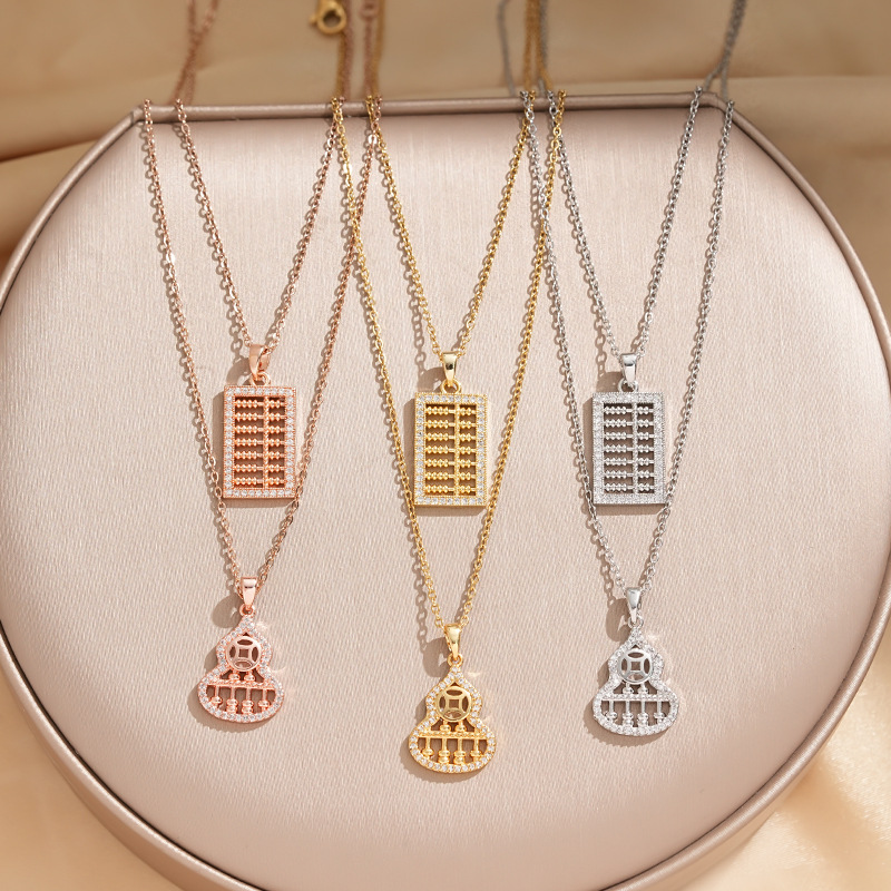 The zircon gourd abacus necklace of the same style as Xiaohongshu, with a unique and light luxury feel for women, is a real gold electroplated and slightly inlaid collarbone chain accessory full figure