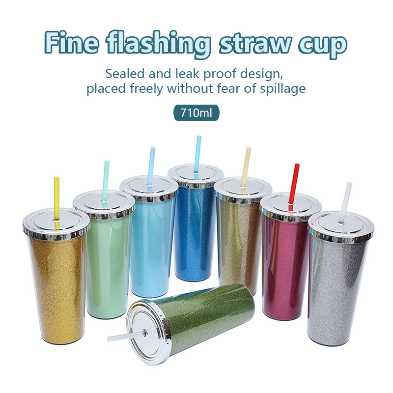 Cross-border Amazon factory direct supply double-layer plastic cups, electroplated silver lid straw cups, small gold onion high appearance level water cups details Picture