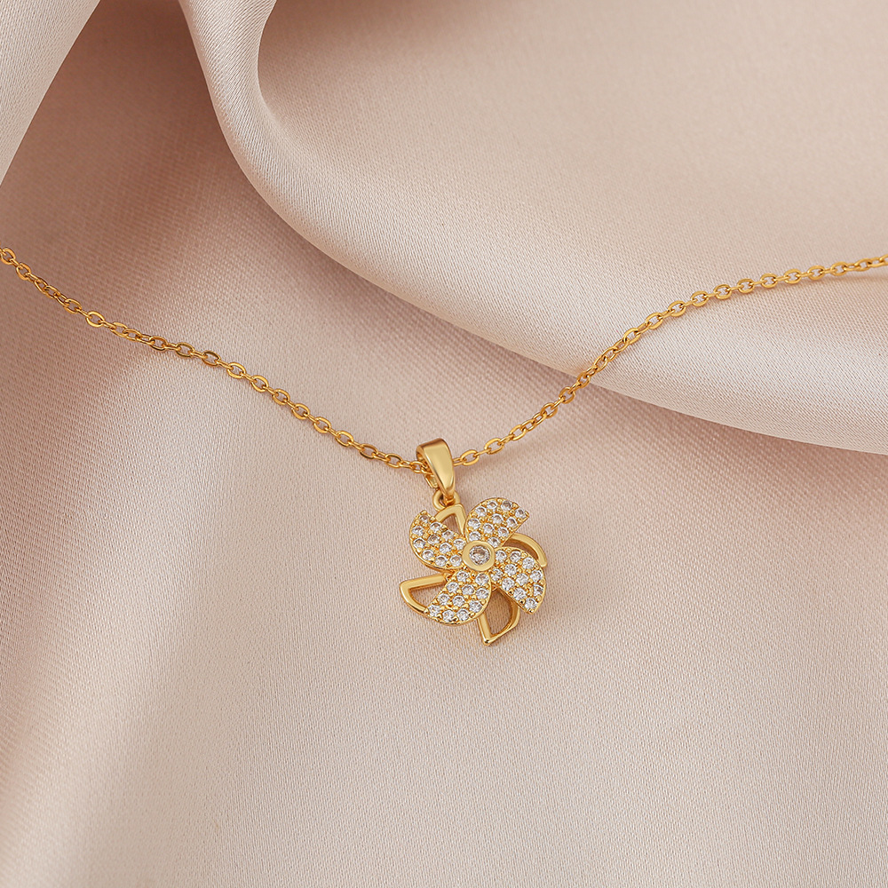 Douyin's same style rotating windmill pendant titanium steel necklace, a fashionable and niche design for women, double-layer rotatable collarbone chain Specification drawing