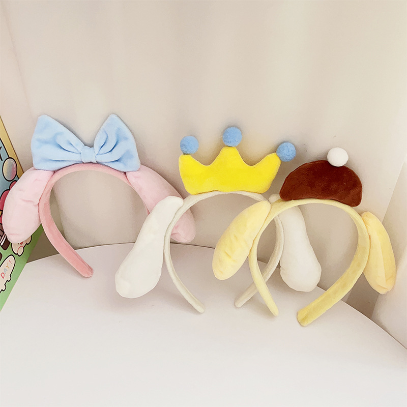 Cartoon crown cinnamon dog hairband, female bow headband, cute plush headwear, ear-hanging rabbit hairpin, face wash hair accessory details Picture