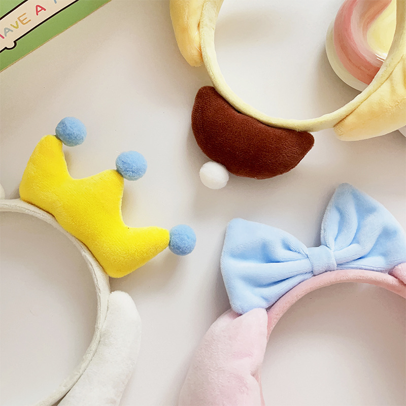 Cartoon crown cinnamon dog hairband, female bow headband, cute plush headwear, ear-hanging rabbit hairpin, face wash hair accessory Specification drawing