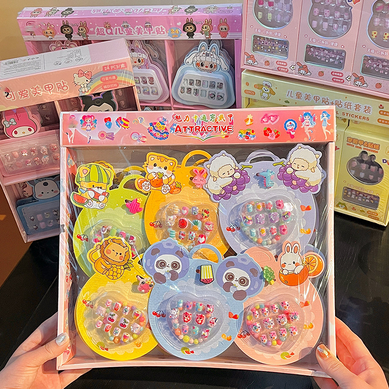 Children's cartoon wearable nail set with three-dimensional relief and cute nail pieces, including tweezers, relief stickers and nail art wholesale details Picture