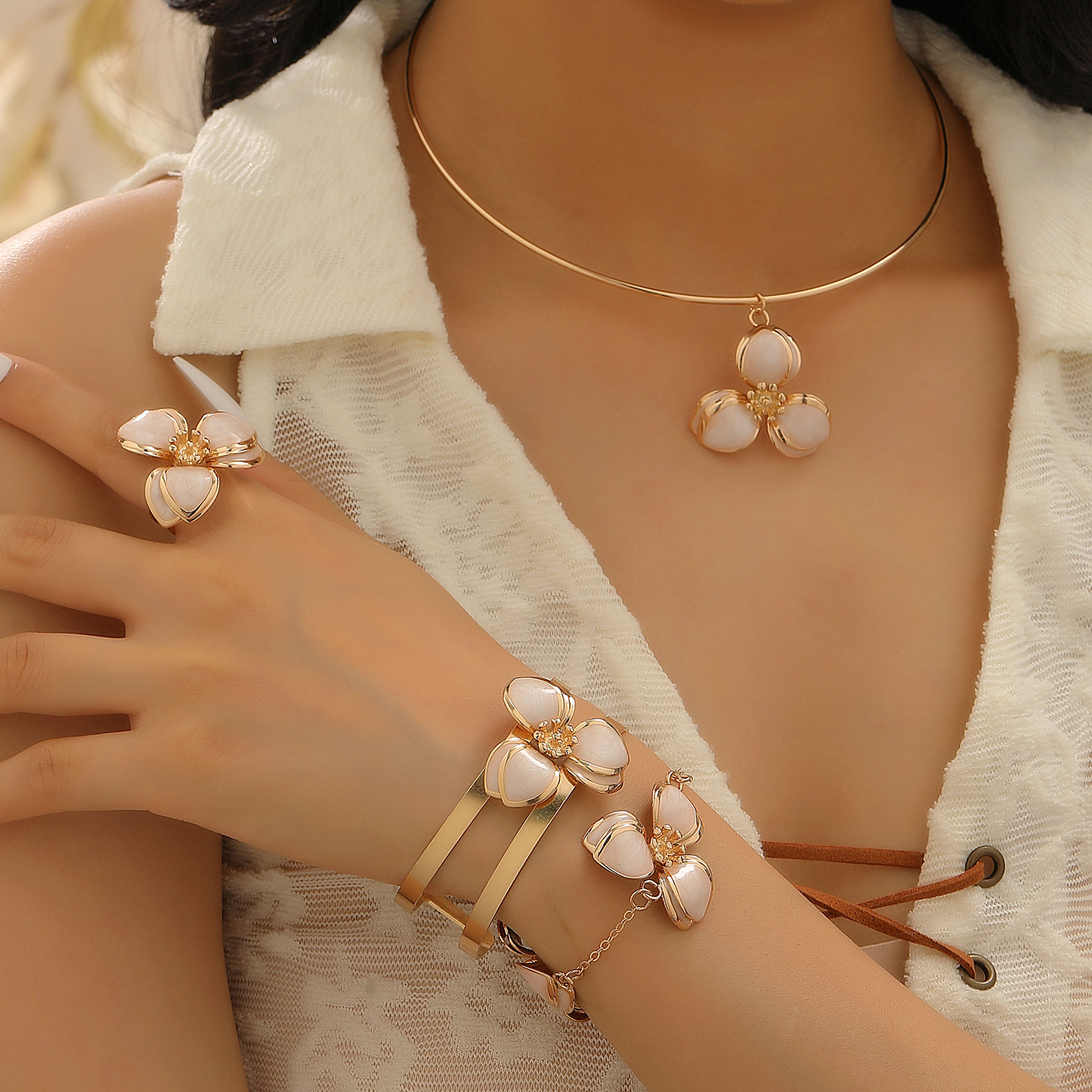 Xiyin's best-selling spring and summer colorful oil-dripping flower stud earrings from Europe and America, with a simple design and double-petal earrings for women details Picture