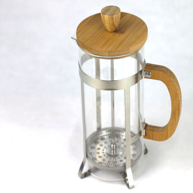 Bamboo and wood lid glass French press, household French filter press heat-resistant high borosilicate coffee pot, American-style utensils glass measuring cup details Picture